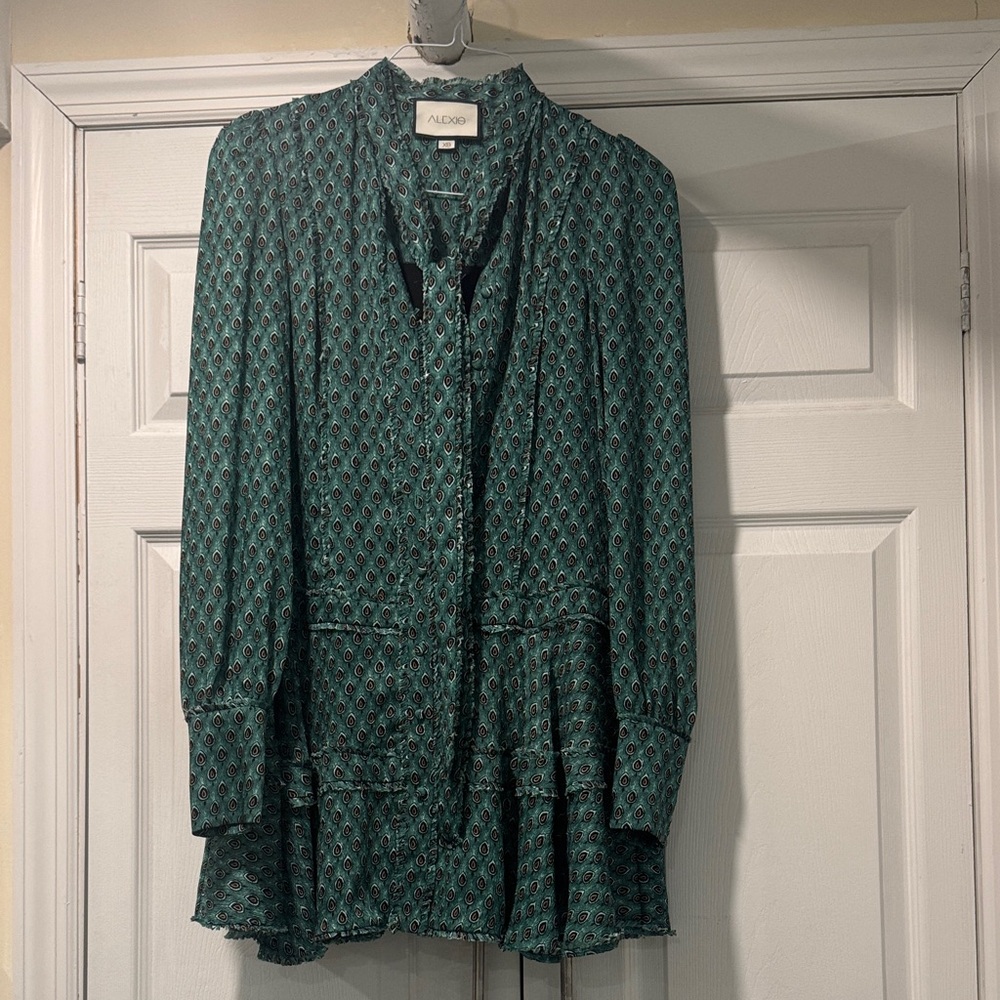 Alfani Teal Patterned Button-Up Blouse